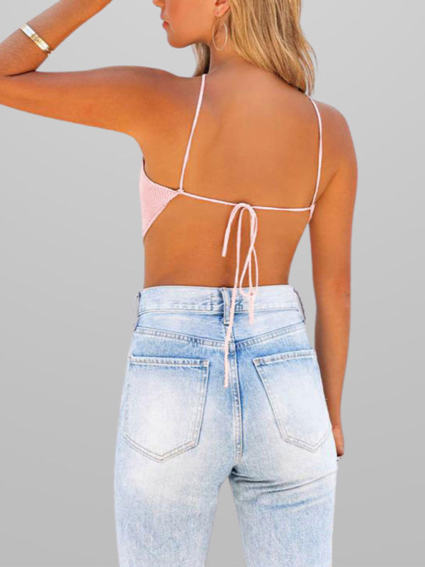 New fashionable and sexy solid color knitted vest backless strappy top