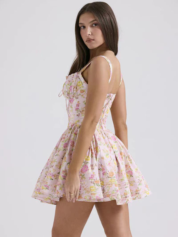 New sexy and elegant floral print suspender waist dress