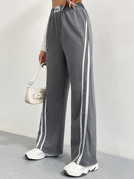 Sports pants high waist loose straight casual sweatpants striped stitching wide leg pants (11472627433740)