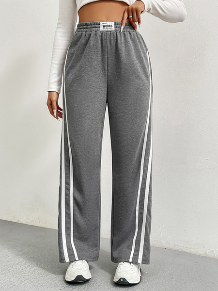 Sports pants high waist loose straight casual sweatpants striped stitching wide leg pants (11472627433740)