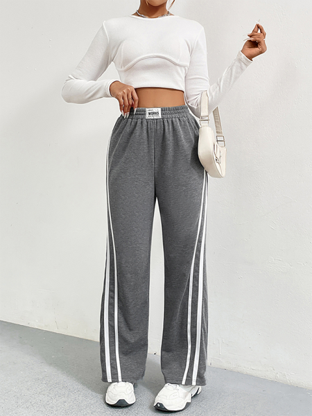 Sports pants high waist loose straight casual sweatpants striped stitching wide leg pants (11472627433740)