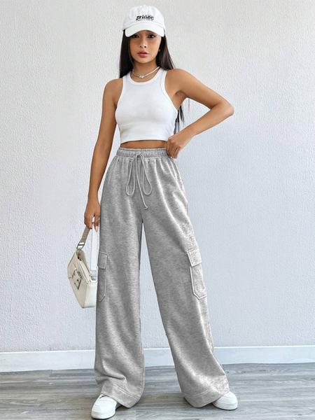 Workwear wide-leg casual pants casual style high waist pocket pants (11472627466508)