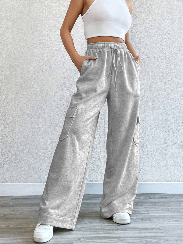 Workwear wide-leg casual pants casual style high waist pocket pants (11472627466508)