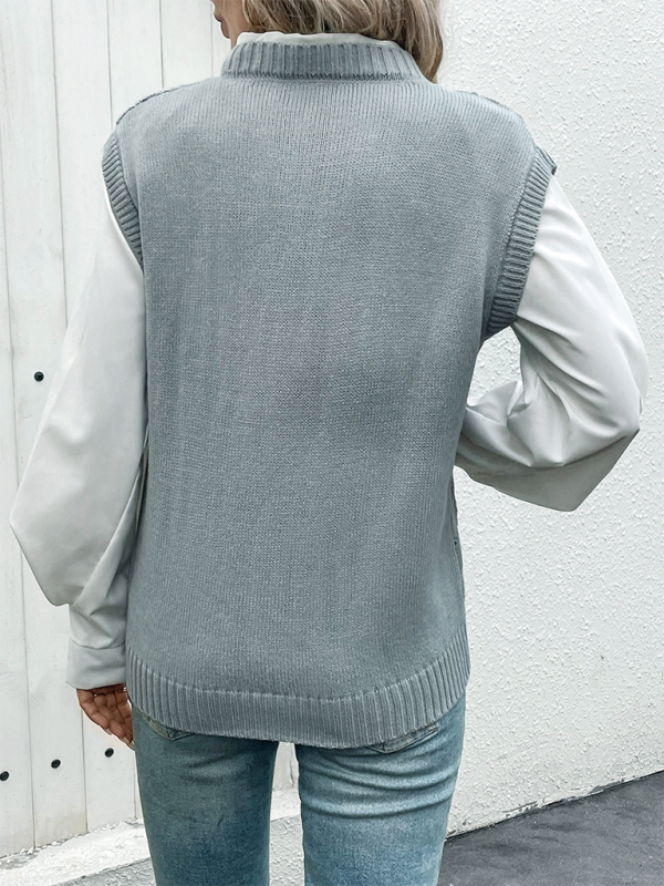 New Simple Cable V-neck Solid Color Sweater Vest (11472321675532)