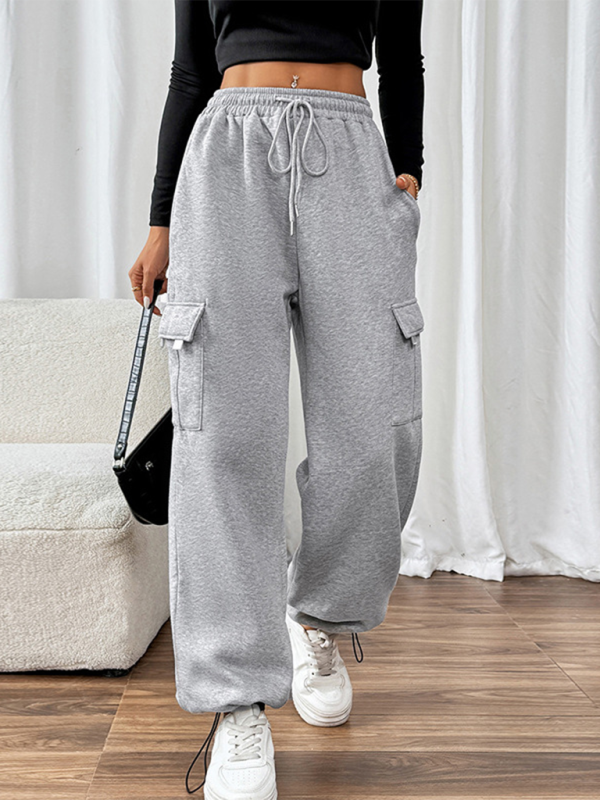 Casual elastic high waist patchwork pocket straight pants (11472577298700)