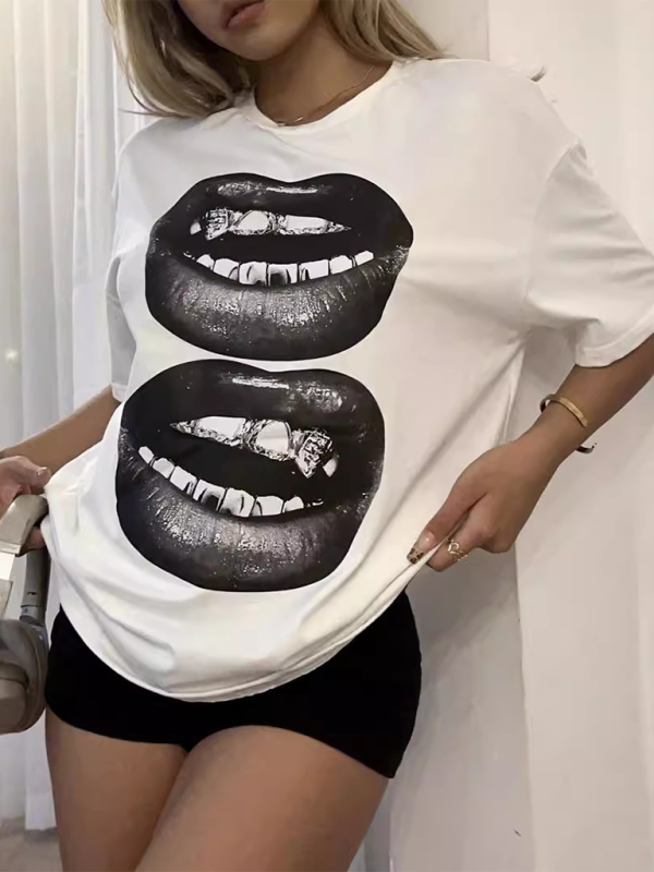 New Fashion Lip Printed Round Neck Short Sleeve T-Shirt (11472249323788)