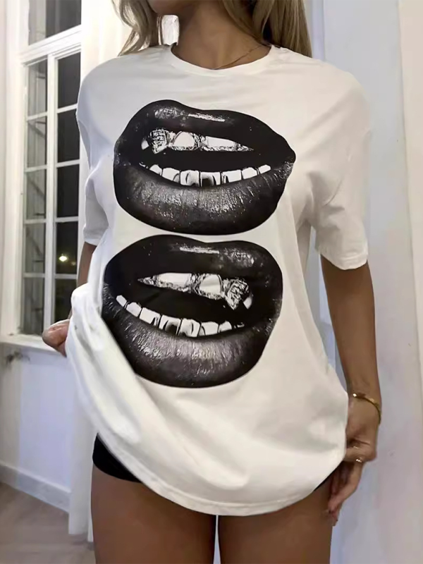 New Fashion Lip Printed Round Neck Short Sleeve T-Shirt (11472249323788)