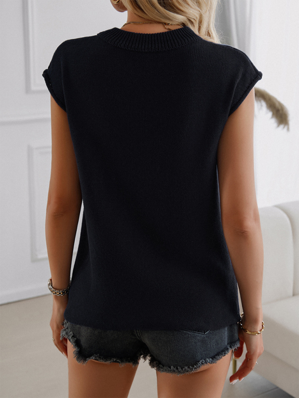 Casual Loose-fitting Crew Neck Contrast Flag Sleeveless Sweater (11472313286924)