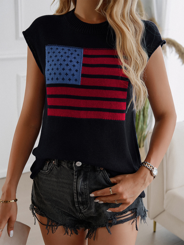 Casual Loose-fitting Crew Neck Contrast Flag Sleeveless Sweater (11472313286924)