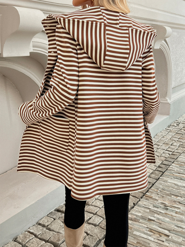 New Striped Cardigan Hooded Knit Long Sleeve Coat (11477213741324)