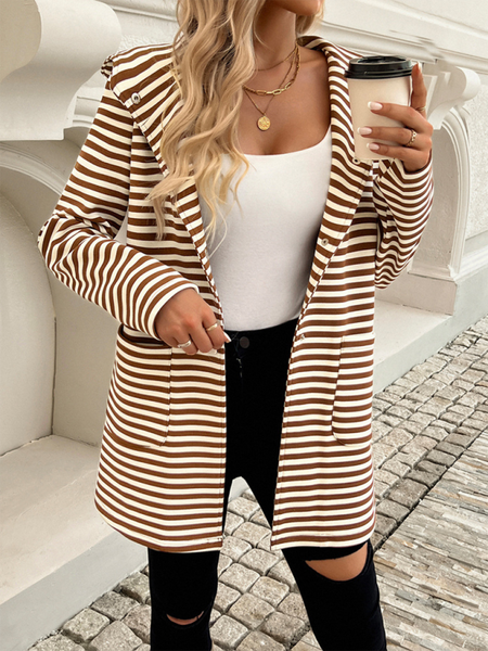 New Striped Cardigan Hooded Knit Long Sleeve Coat (11477213741324)