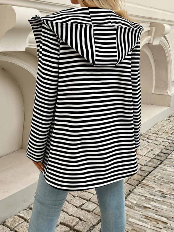 New Striped Cardigan Hooded Knit Long Sleeve Coat (11477213741324)