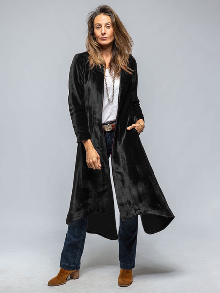 Women's Velvet Long Cardigan Solid Color Vintage Split Jacket Trench Coat Loose Coat (11477212791052)