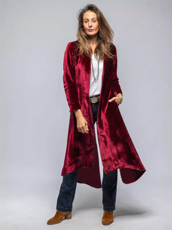 Women's Velvet Long Cardigan Solid Color Vintage Split Jacket Trench Coat Loose Coat (11477212791052)