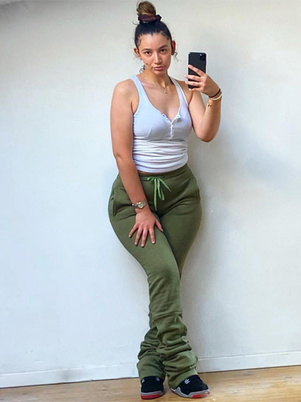 Women's Solid Color High Waisted Shrink Pleat Drawstring Casual Stacked Pants (11472577429772)