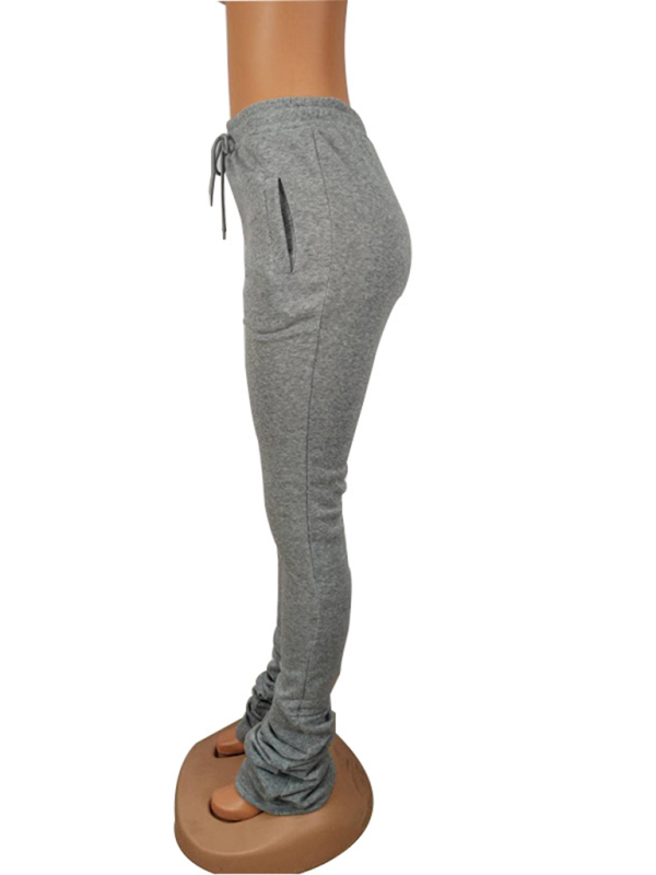 Women's Solid Color High Waisted Shrink Pleat Drawstring Casual Stacked Pants (11472577429772)