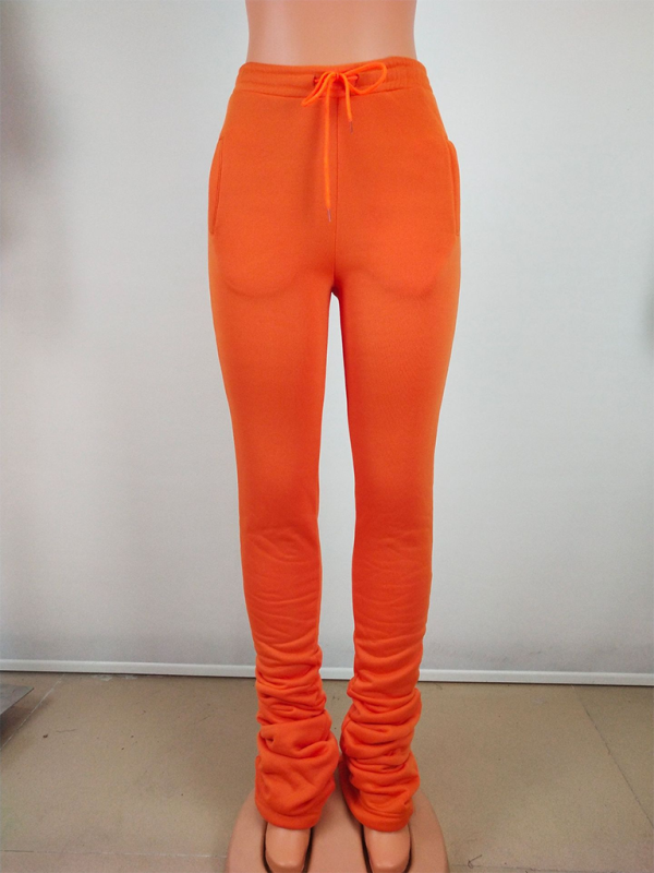 Women's Solid Color High Waisted Shrink Pleat Drawstring Casual Stacked Pants (11472577429772)