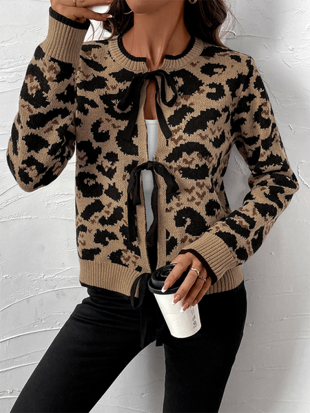 New leopard bow tie knit sweater fall and winter long-sleeved cardigan tops (11477762179340)