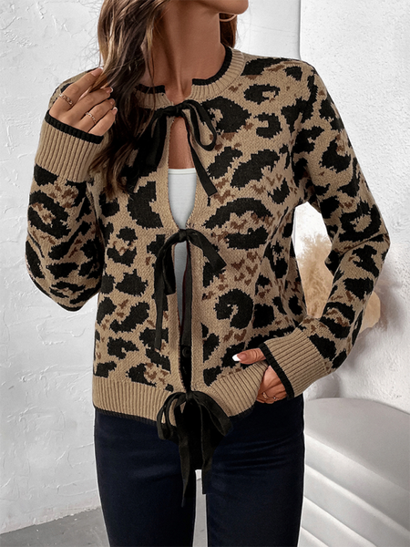 New leopard bow tie knit sweater fall and winter long-sleeved cardigan tops (11477762179340)