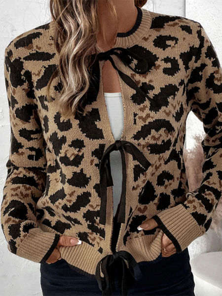 New leopard bow tie knit sweater fall and winter long-sleeved cardigan tops (11477762179340)