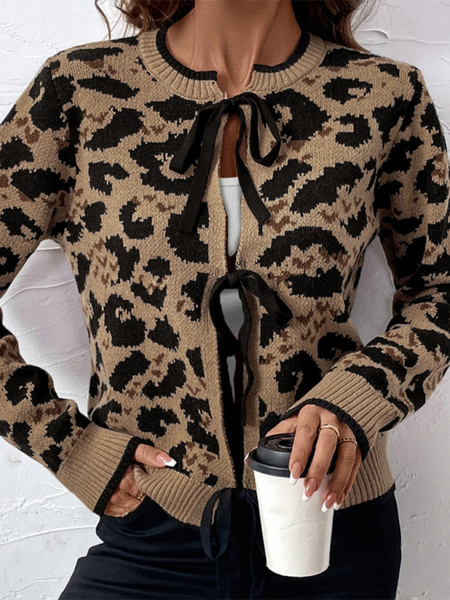 New leopard bow tie knit sweater fall and winter long-sleeved cardigan tops (11477762179340)