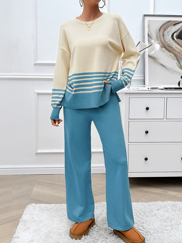 Casual Loose Clashing Color Straight Pants Sweater Set (11477761982732)