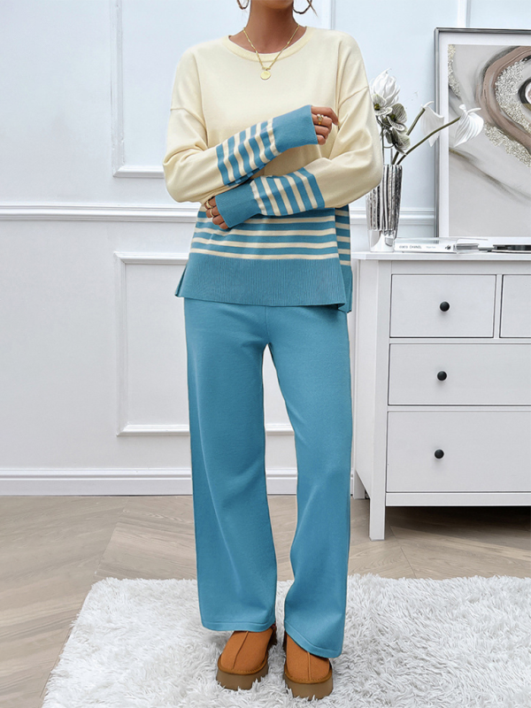 Casual Loose Clashing Color Straight Pants Sweater Set (11477761982732)