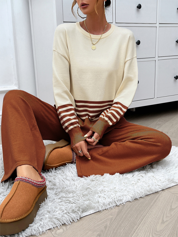 Casual Loose Clashing Color Straight Pants Sweater Set (11477761982732)