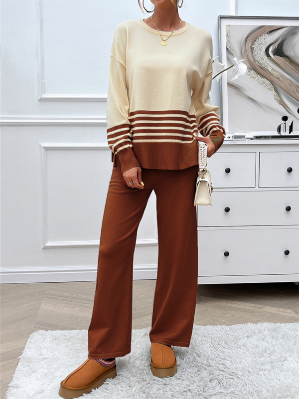 Casual Loose Clashing Color Straight Pants Sweater Set (11477761982732)