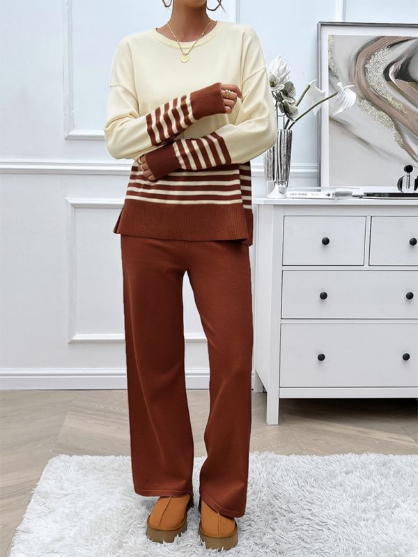 Casual Loose Clashing Color Straight Pants Sweater Set (11477761982732)