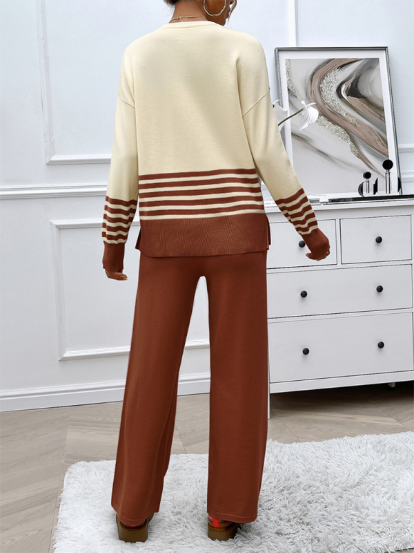 Casual Loose Clashing Color Straight Pants Sweater Set (11477761982732)