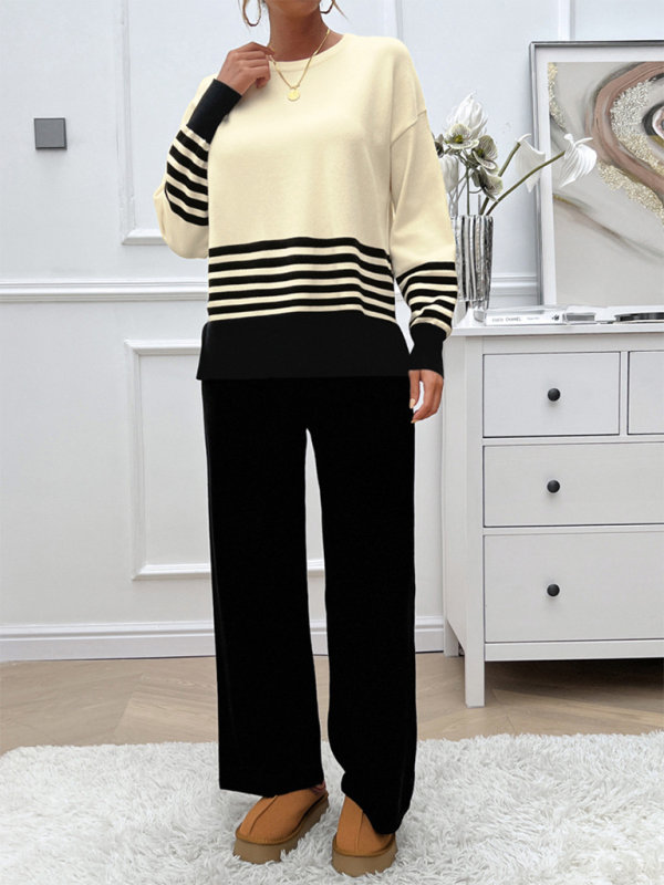 Casual Loose Clashing Color Straight Pants Sweater Set (11477761982732)