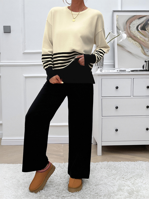 Casual Loose Clashing Color Straight Pants Sweater Set (11477761982732)