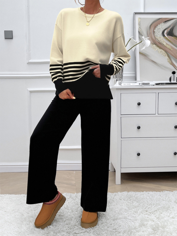 Casual Loose Clashing Color Straight Pants Sweater Set (11477761982732)