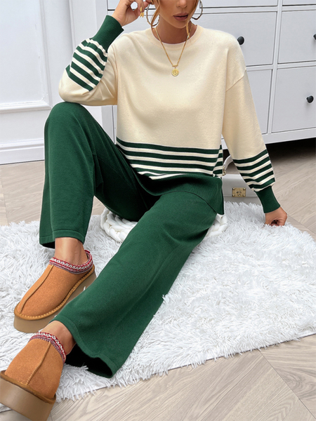 Casual Loose Clashing Color Straight Pants Sweater Set (11477761982732)