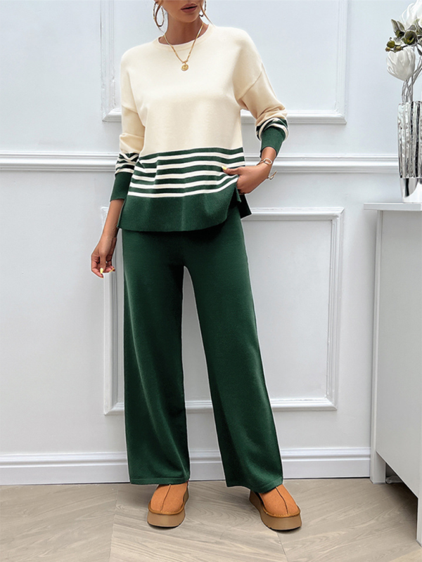 Casual Loose Clashing Color Straight Pants Sweater Set (11477761982732)