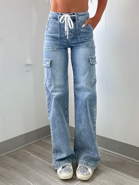 New Casual Lace-Up Multi-Pocket Functional Workwear Straight Leg Jeans (11477762113804)