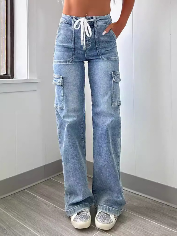 New Casual Lace-Up Multi-Pocket Functional Workwear Straight Leg Jeans (11477762113804)