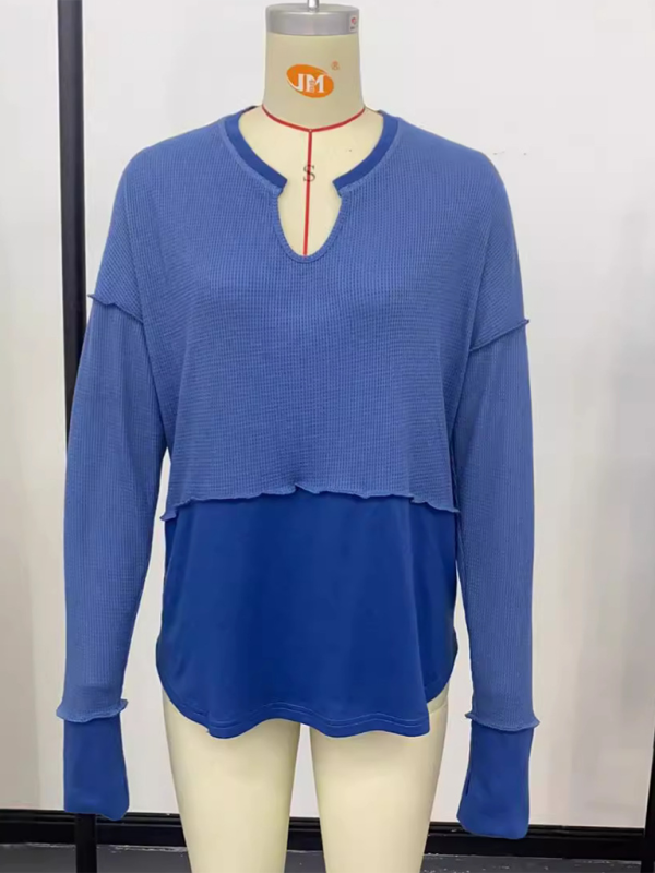 Women's Casual Shirt Solid Color Long Sleeve Patchwork Solid Color Loose Top (11472172974348)