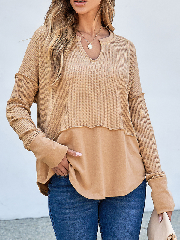 Women's Casual Shirt Solid Color Long Sleeve Patchwork Solid Color Loose Top (11472172974348)