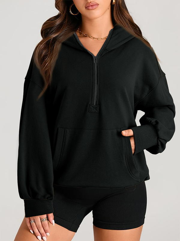 Women's Solid Color Long Sleeve Hooded Solid Color Zipper Plug Sweatshirt (11472173203724)