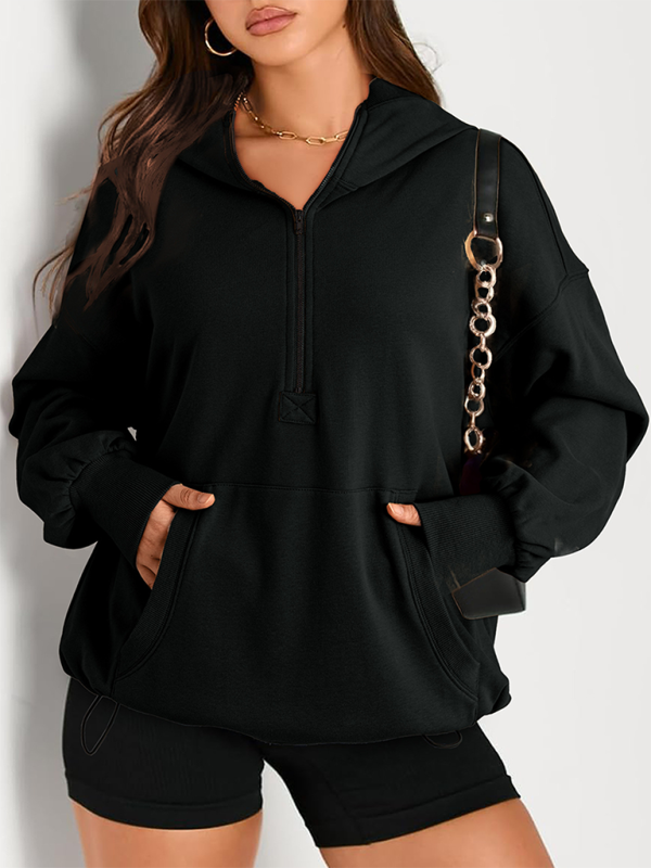 Women's Solid Color Long Sleeve Hooded Solid Color Zipper Plug Sweatshirt (11472173203724)