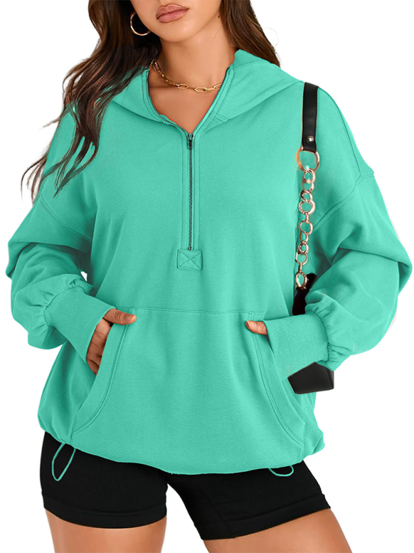 Women's Solid Color Long Sleeve Hooded Solid Color Zipper Plug Sweatshirt (11472173203724)