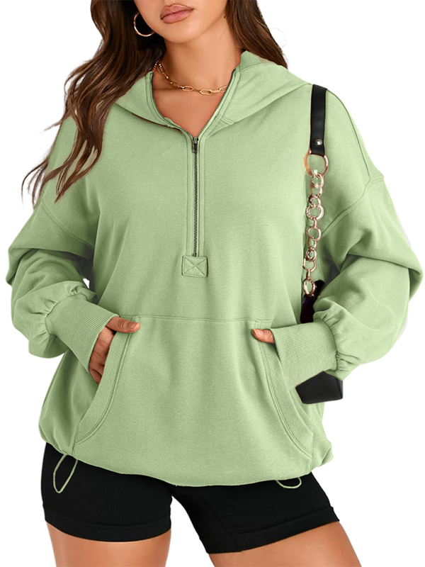 Women's Solid Color Long Sleeve Hooded Solid Color Zipper Plug Sweatshirt (11472173203724)