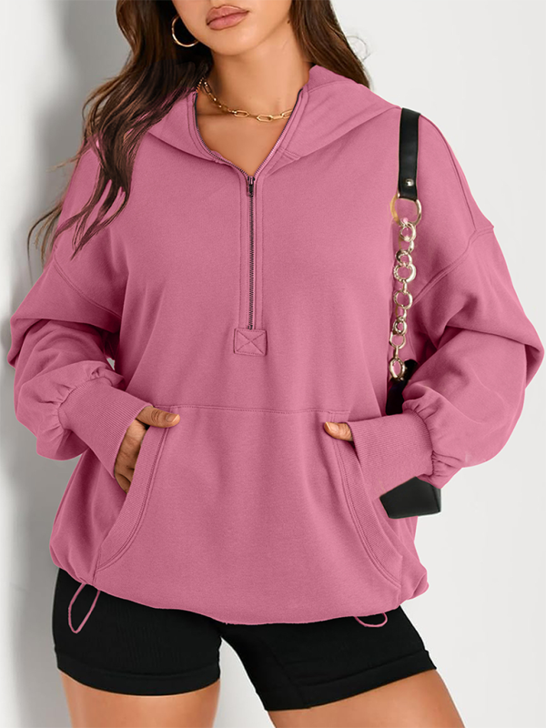 Women's Solid Color Long Sleeve Hooded Solid Color Zipper Plug Sweatshirt (11472173203724)