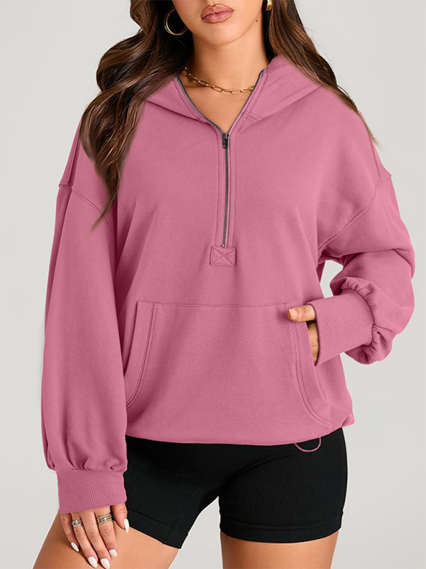 Women's Solid Color Long Sleeve Hooded Solid Color Zipper Plug Sweatshirt (11472173203724)