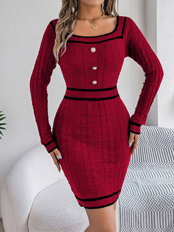 Elegant Square Neck Button Long Sleeve Sweater Hip Skirt (11472173236492)