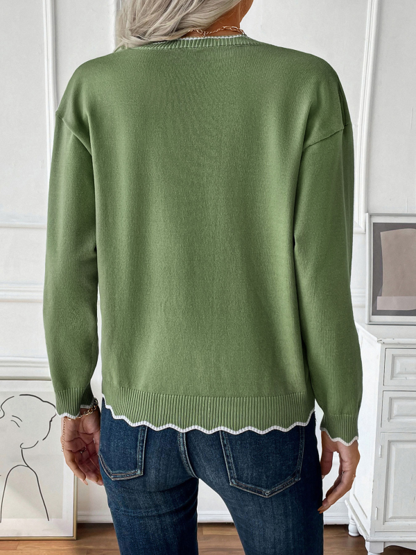 New round neck casual pullover sweater zipper contrast color edge knitted sweater (11472173400332)