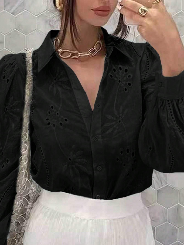 New Single Breasted Solid Color Embroidered Long Sleeve Lapel Shirt (11472173695244)