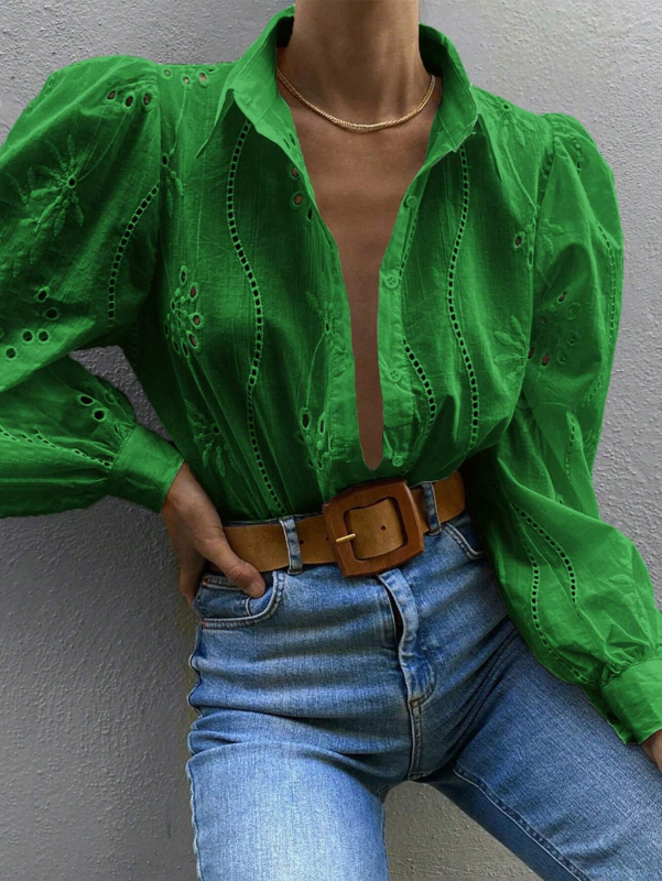 New Single Breasted Solid Color Embroidered Long Sleeve Lapel Shirt (11472173695244)